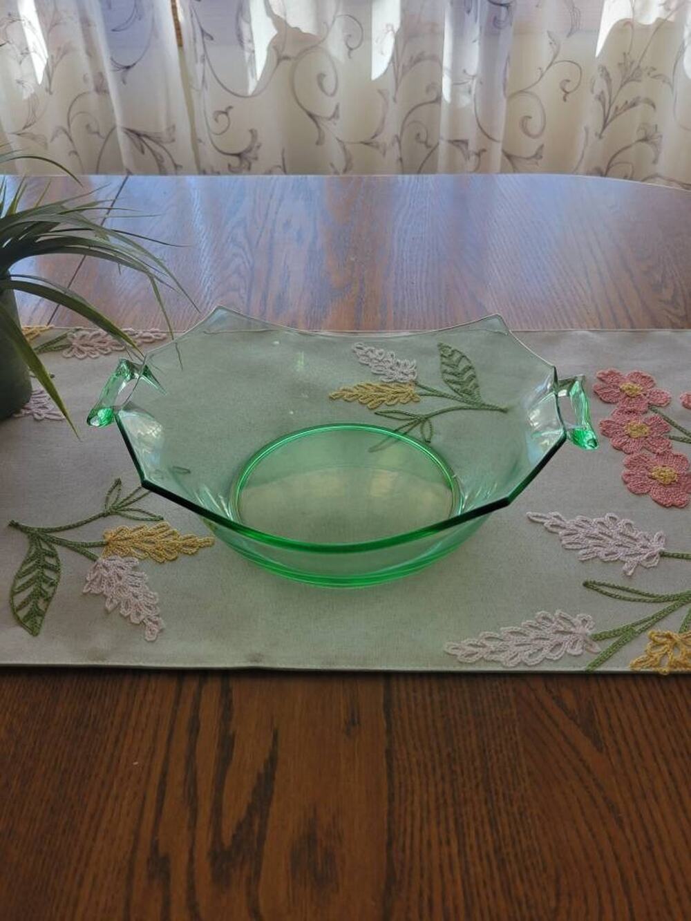 Vintage Green Depression Glass Octagon Bowl Double Handled Bonbon Candy Dish